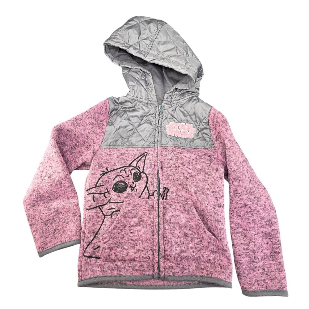 Star Wars Jacket Baby Yoda Pink & Gray Quilted Hoodie Girls 5 JJ3930